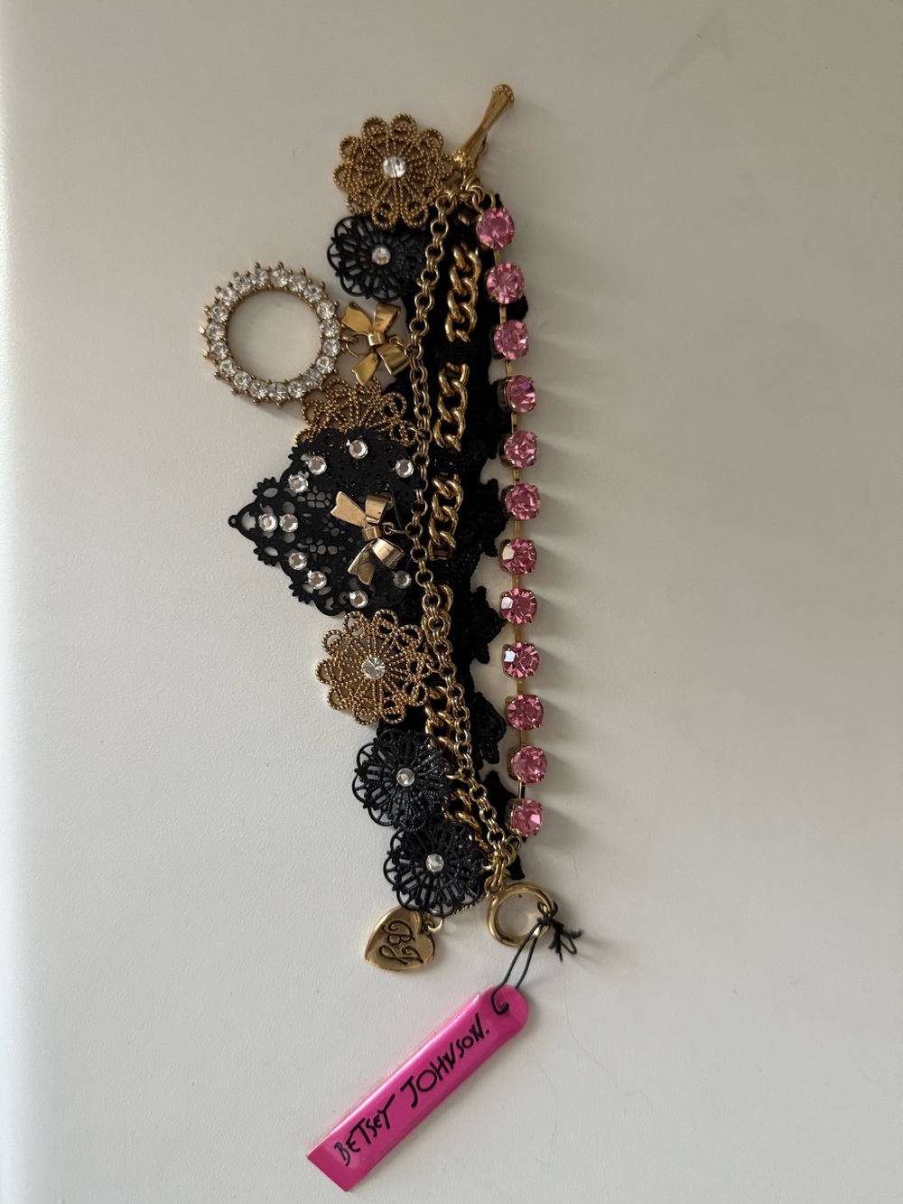 Betsey Johnson Black Lace & Gold Charm Bracelet with Pink Rhinestones